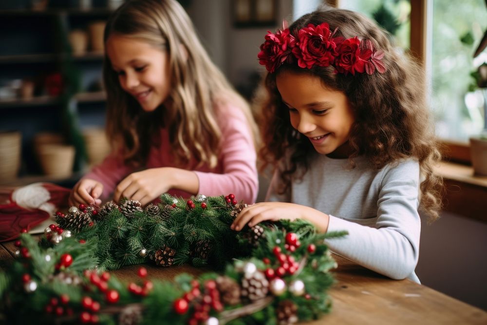 Christmas wreath friends photo child. AI generated Image by rawpixel.