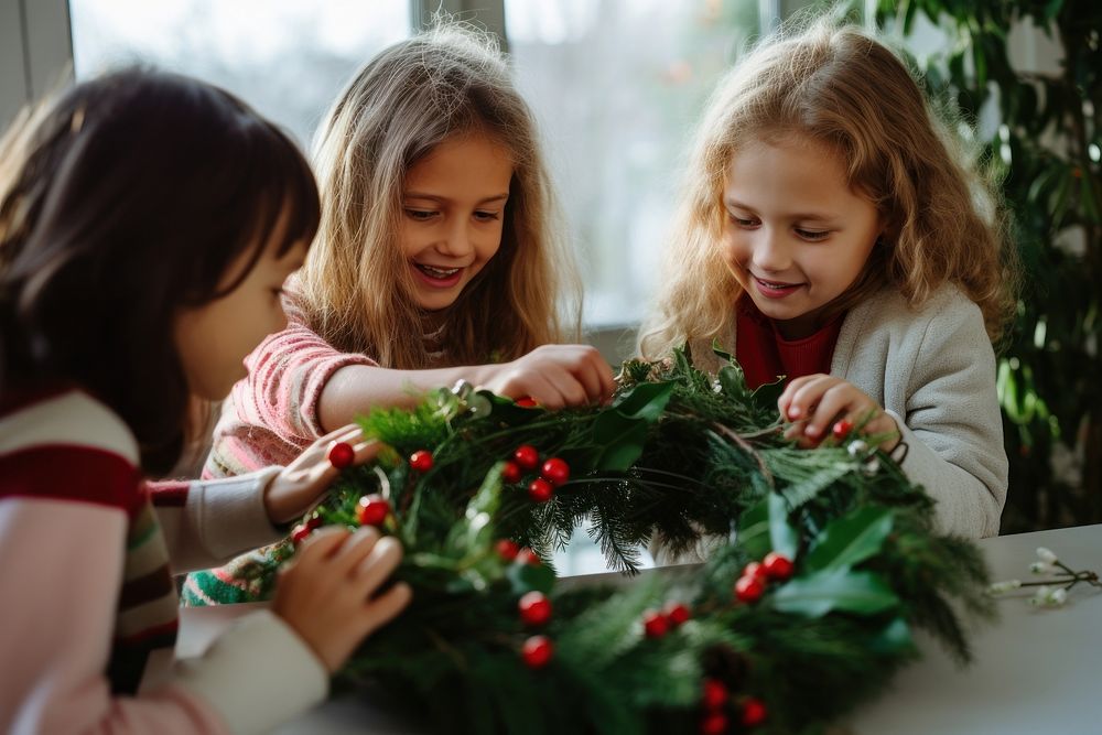 Christmas wreath friends photo child. AI generated Image by rawpixel.