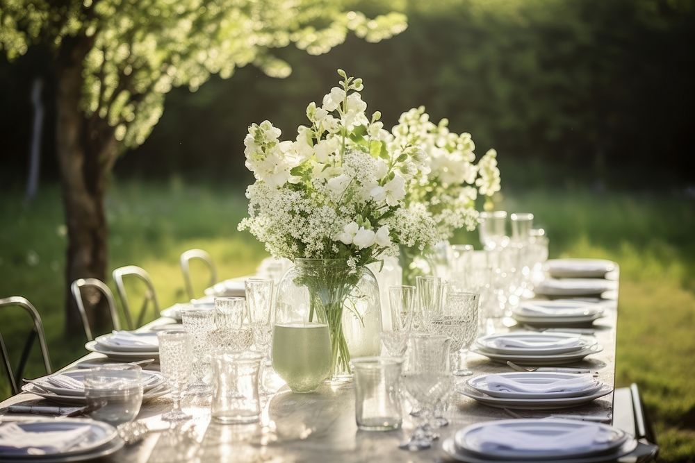 Ceremony wedding white long dining table. AI generated Image by rawpixel.