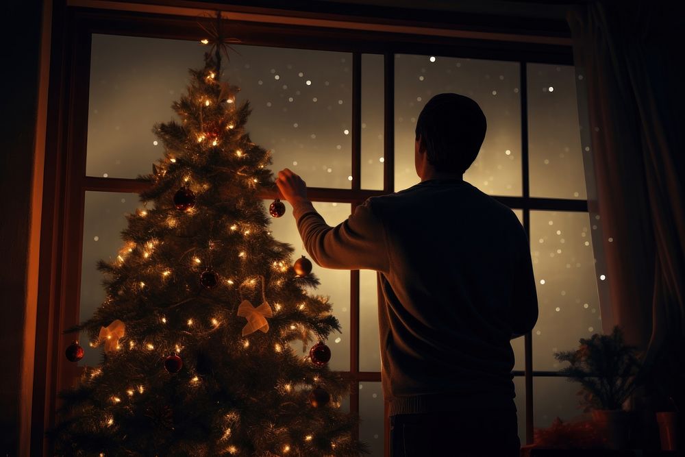 Man christmas tree light silhouette photo. AI generated Image by rawpixel.