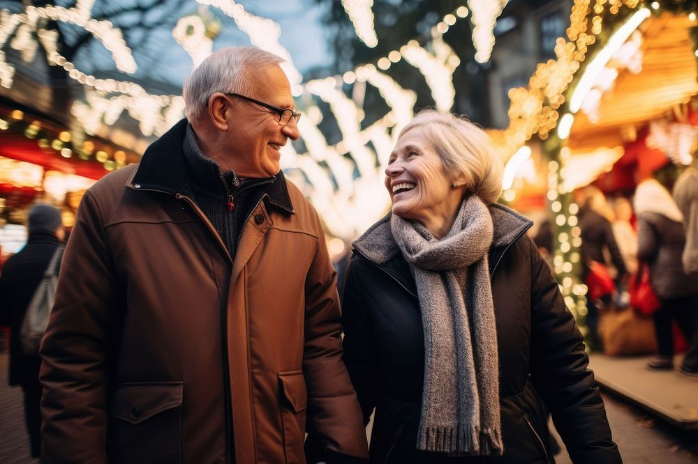Mature married couple christmas walking market. AI generated Image by rawpixel.