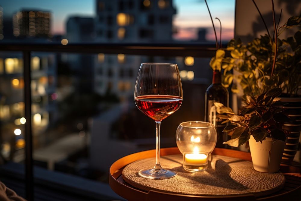 Wine glass balcony table. AI generated Image by rawpixel.