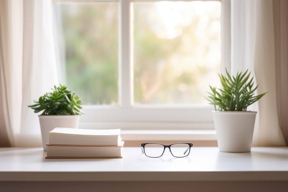 Long white study table glasses plant windowsill. AI generated Image by rawpixel.