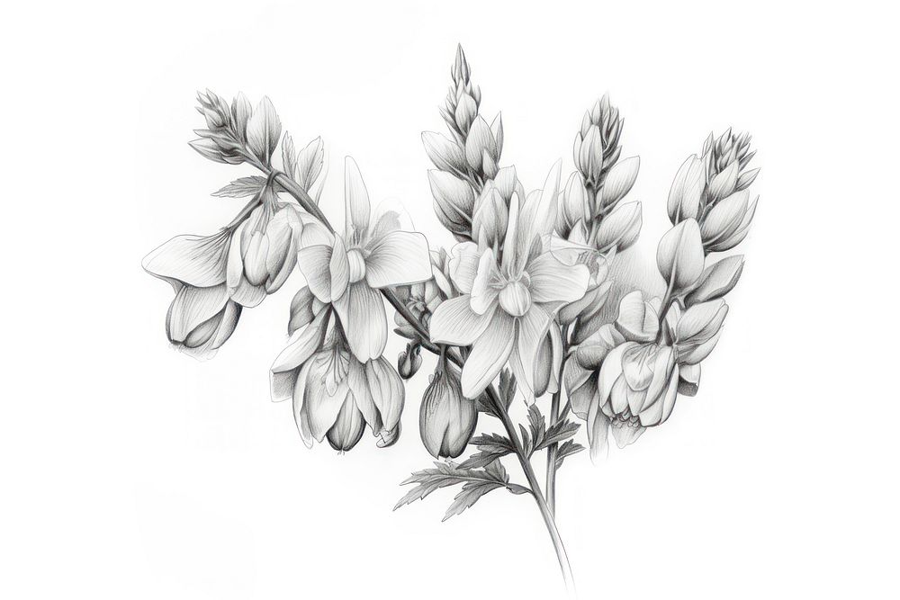 Aconitum sketch pencil drawing plant white. AI generated Image by rawpixel.