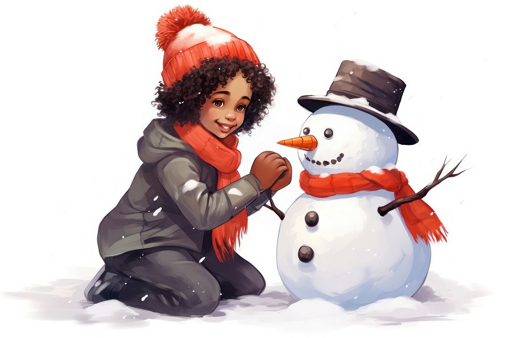 Black children building snowman winter adult white. AI generated Image by rawpixel.