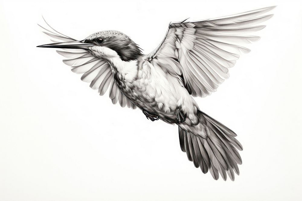 Flying kingfisher bw drawing animal sketch. AI generated Image by rawpixel.