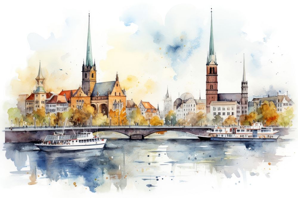 Hamburg watercolor architecture building painting. AI generated Image by rawpixel.