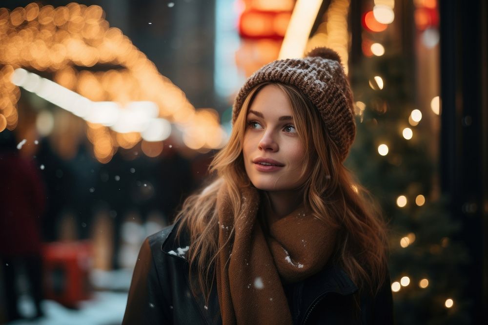 Woman wearing winter coat christmas portrait street. AI generated Image by rawpixel.