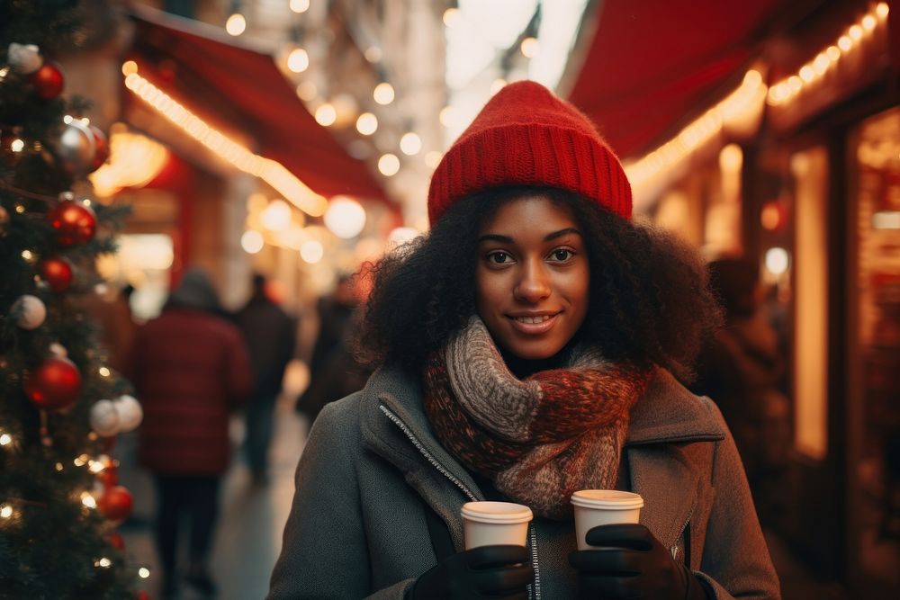 Young black woman drinking coffee christmas street winter. AI generated Image by rawpixel.