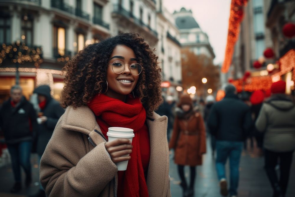 Young black woman drinking street winter coffee. AI generated Image by rawpixel.