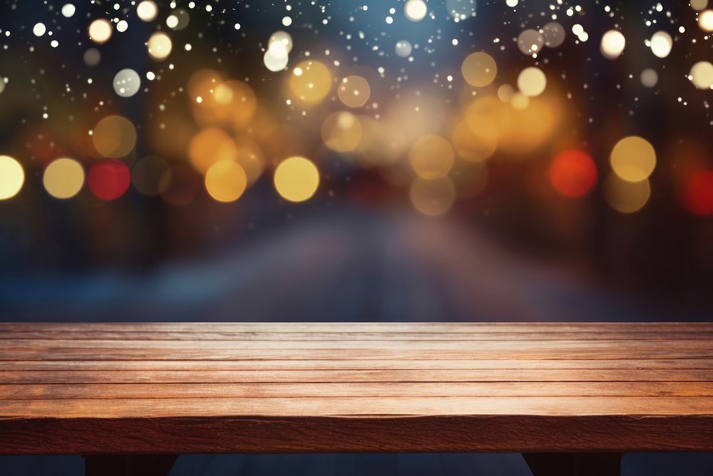 Wooden table backgrounds christmas lighting. AI generated Image by rawpixel.