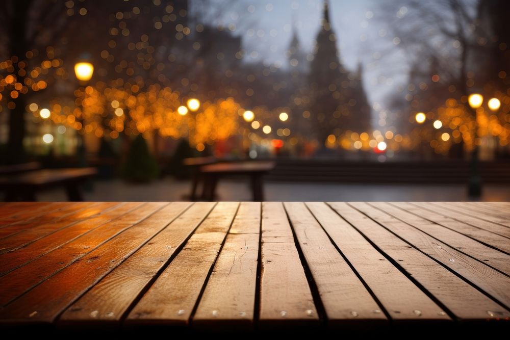 Empty wooden table architecture lighting outdoors. AI generated Image by rawpixel.