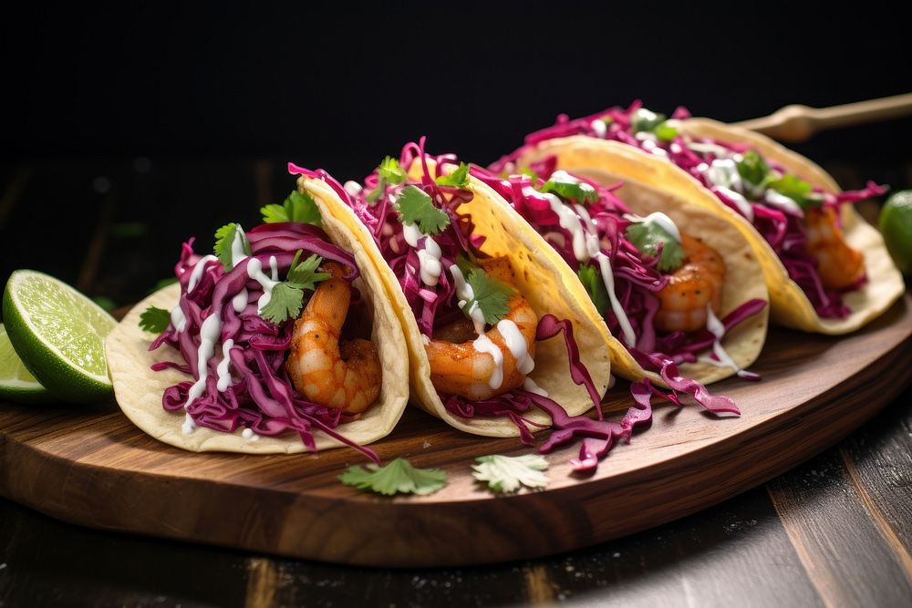 Shrimp tacos plate food vegetable. AI generated Image by rawpixel.