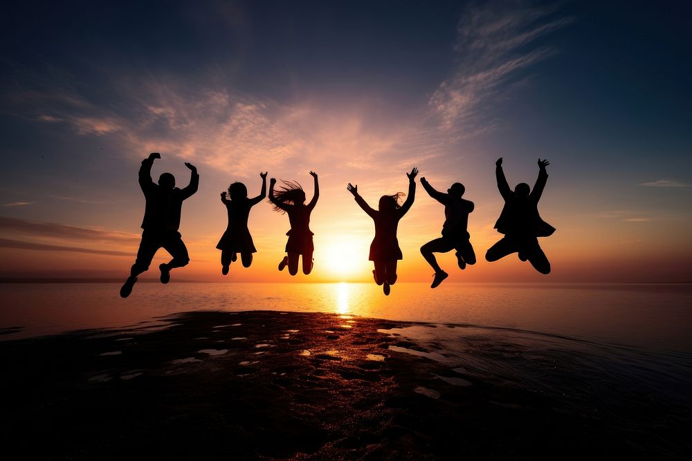 Teamwork jumping silhouette outdoors success. AI generated Image by rawpixel.