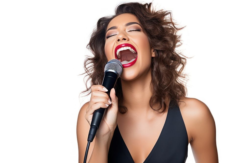 Woman singing karaoke microphone laughing adult. AI generated Image by rawpixel.
