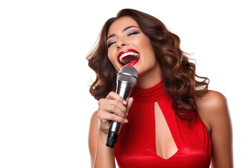 Woman singing karaoke microphone adult white background. AI generated Image by rawpixel.