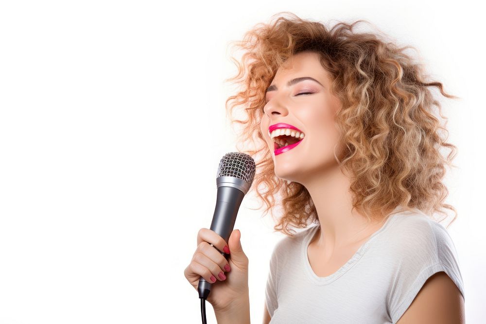 Woman singing karaoke microphone adult white background. AI generated Image by rawpixel.
