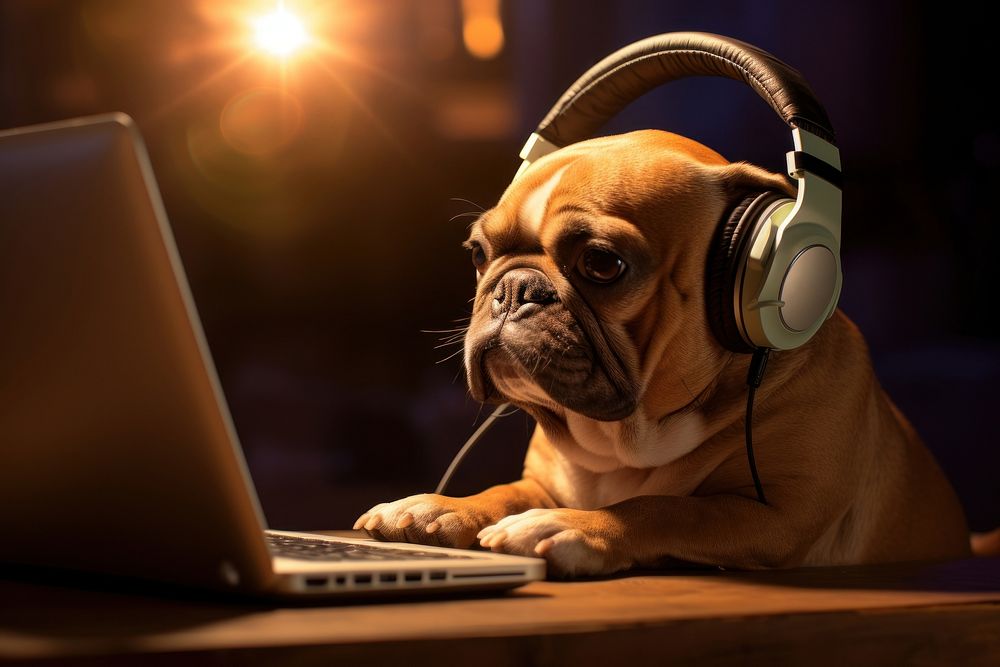 Wearing headphones computer dog bulldog. AI generated Image by rawpixel.