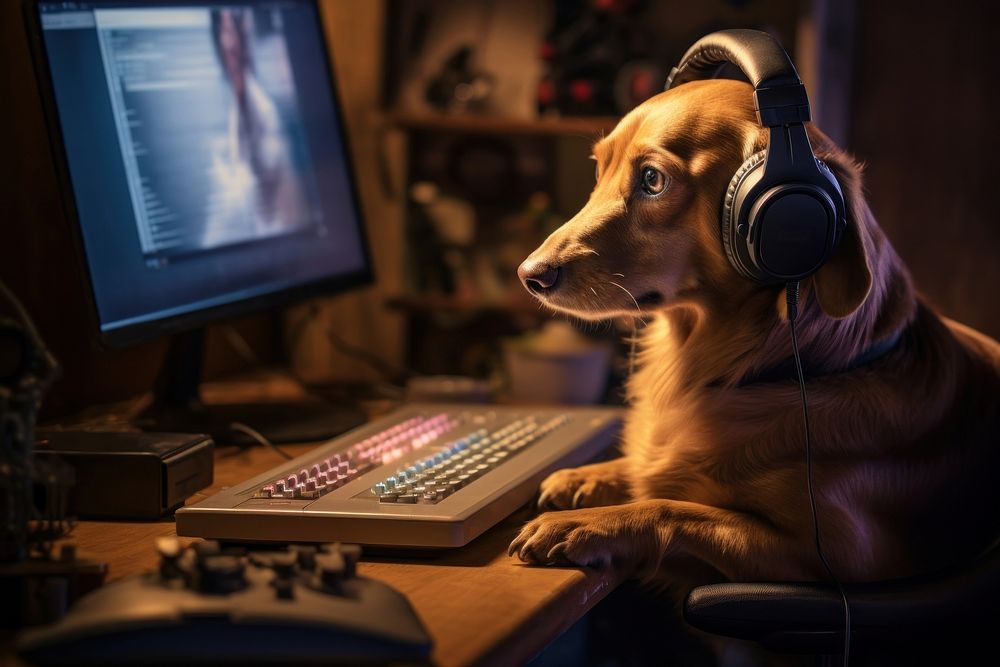 Wearing headphones computer dog sitting. AI generated Image by rawpixel.