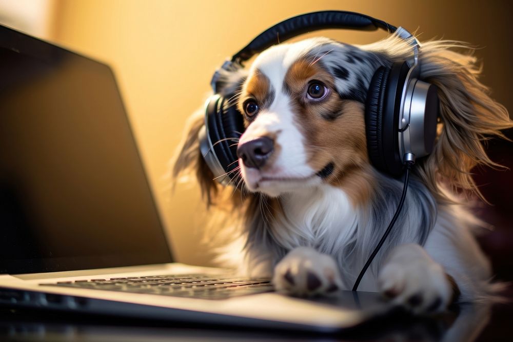 Wearing headphones computer dog sitting. AI generated Image by rawpixel.