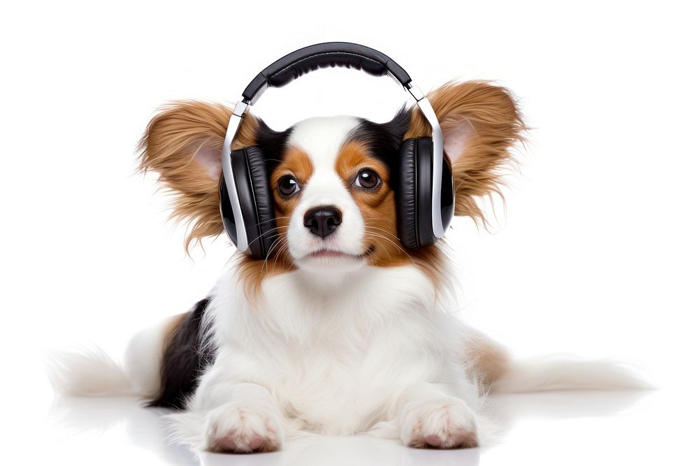 Dog sitting headphones papillon spaniel. AI generated Image by rawpixel.