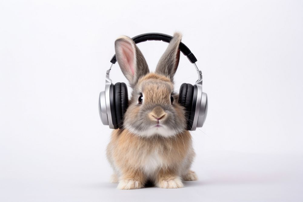 Rabbit wearing headphone headphones rodent mammal. AI generated Image by rawpixel.