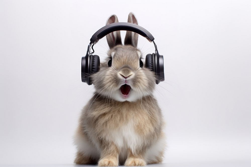 Rabbit wearing headphone headphones mammal rodent. AI generated Image by rawpixel.