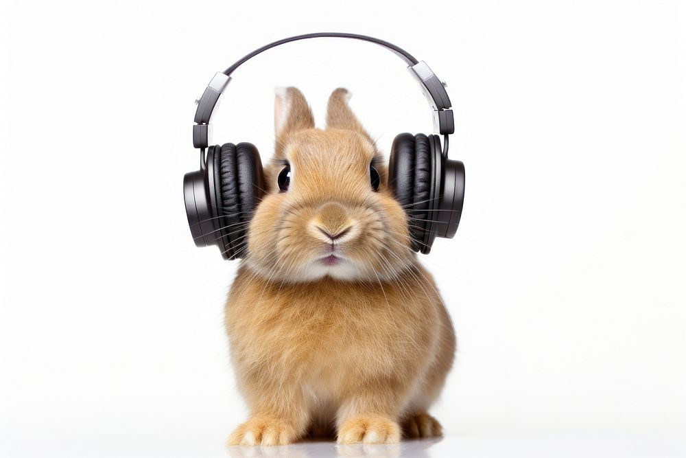 Rabbit wearing headphone headphones rodent mammal. AI generated Image by rawpixel.
