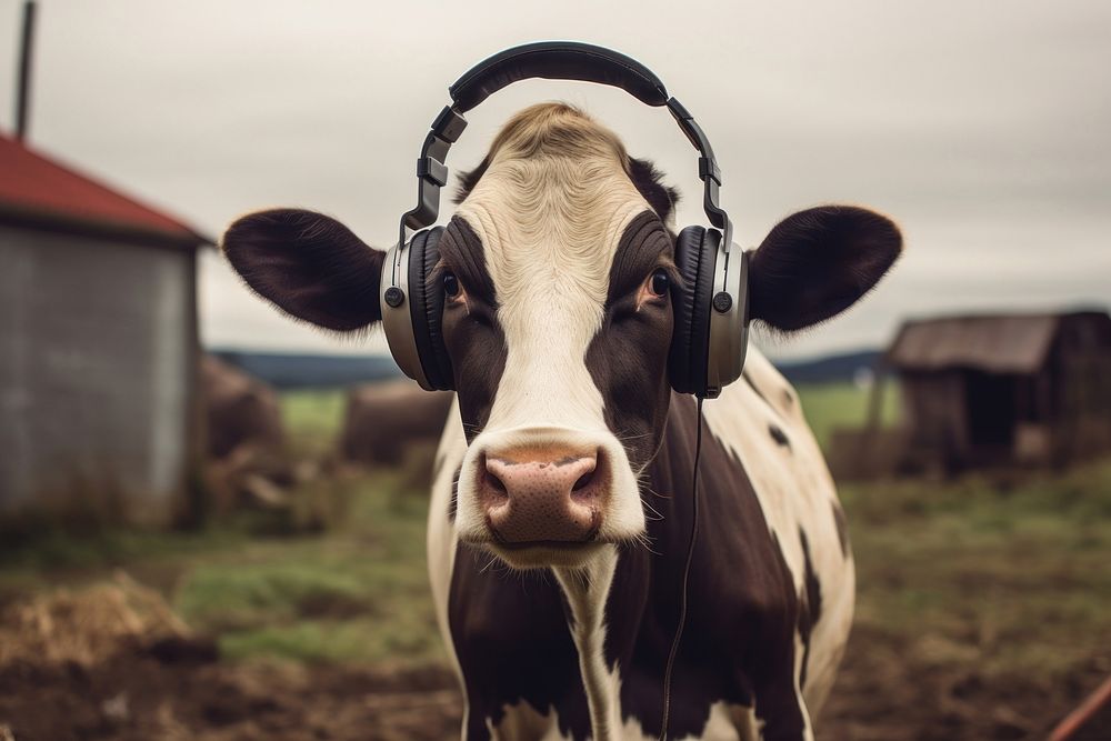 Headphones cow livestock outdoors. AI generated Image by rawpixel.