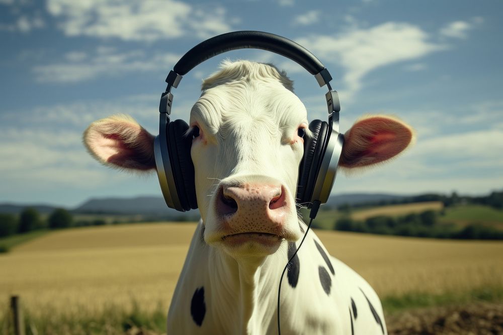 Headphones cow livestock outdoors. AI generated Image by rawpixel.