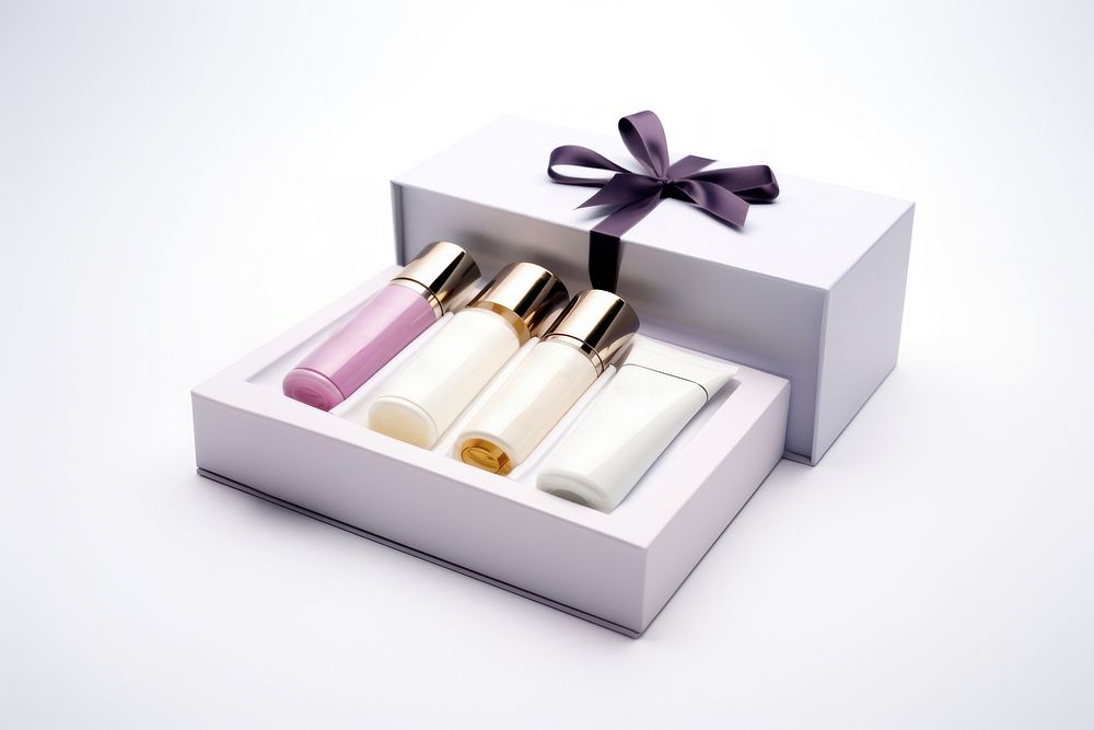 Semi-opened skincare box set cosmetics white background celebration. AI generated Image by rawpixel.