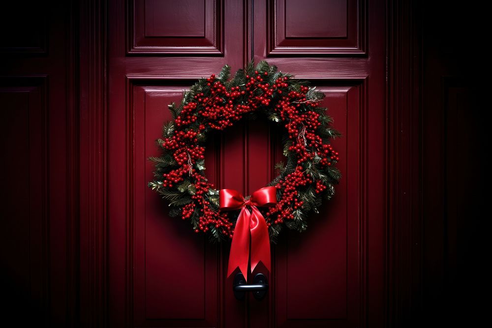 Christmas wreath door illuminated. AI generated Image by rawpixel.