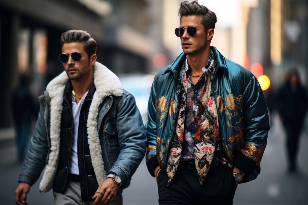 Two young men jacket sunglasses street. AI generated Image by rawpixel.