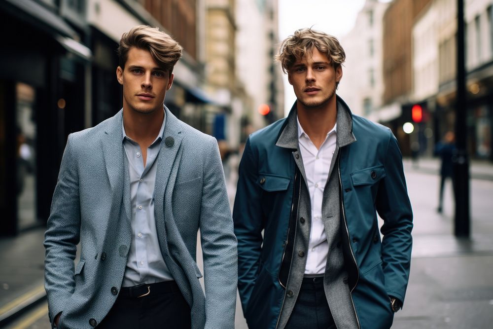 Two young men walking jacket blazer street. AI generated Image by rawpixel.