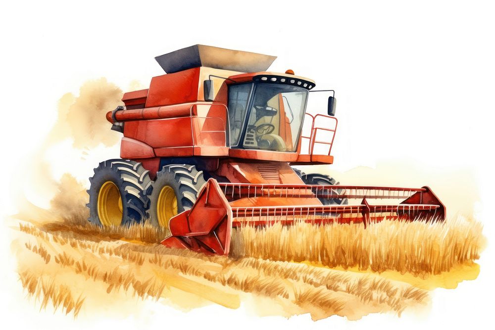 Harvest tractor, watercolor farming illustration