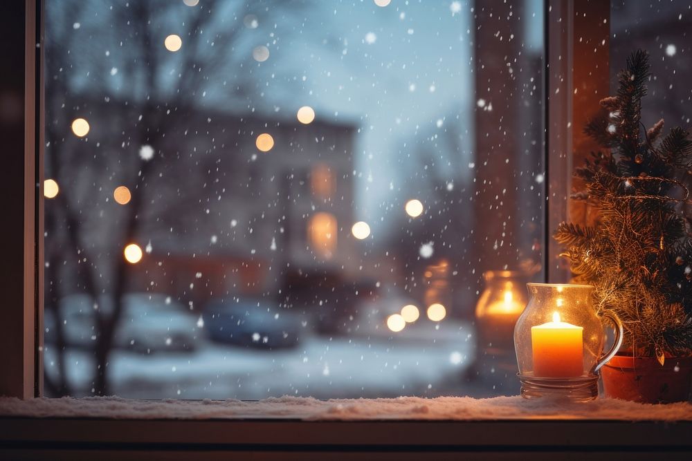 Christmas vibes window snow windowsill. AI generated Image by rawpixel.