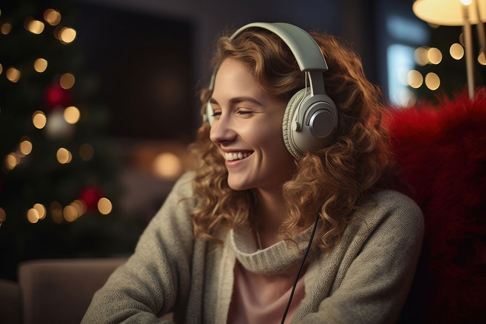 PNG Woman headphones christmas headset. AI generated Image by rawpixel.
