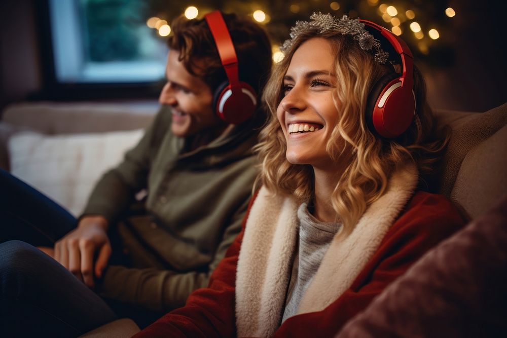 PNG Woman headphones christmas sitting. AI generated Image by rawpixel.