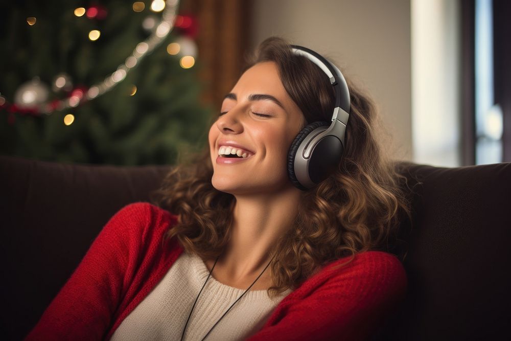 PNG Woman headphones christmas headset. AI generated Image by rawpixel.