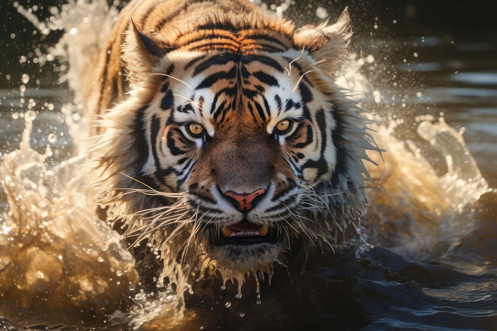 Tiger running wildlife portrait animal. AI generated Image by rawpixel.