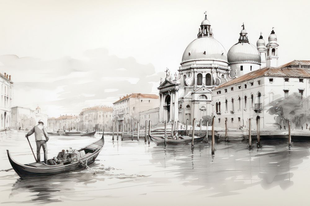 Venice landscape sketch gondola vehicle. AI generated Image by rawpixel.