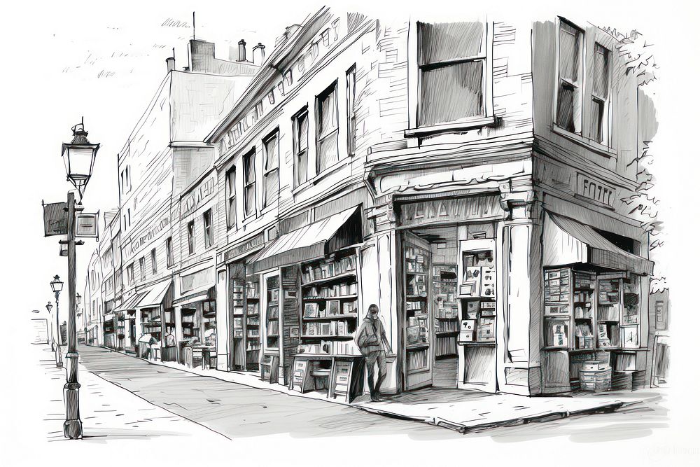Book stores street sketch drawing. AI generated Image by rawpixel.