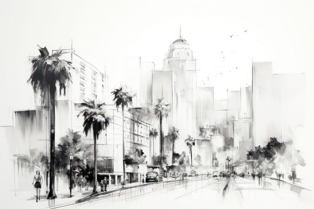 Hollywood landscape sketch drawing city. AI generated Image by rawpixel.