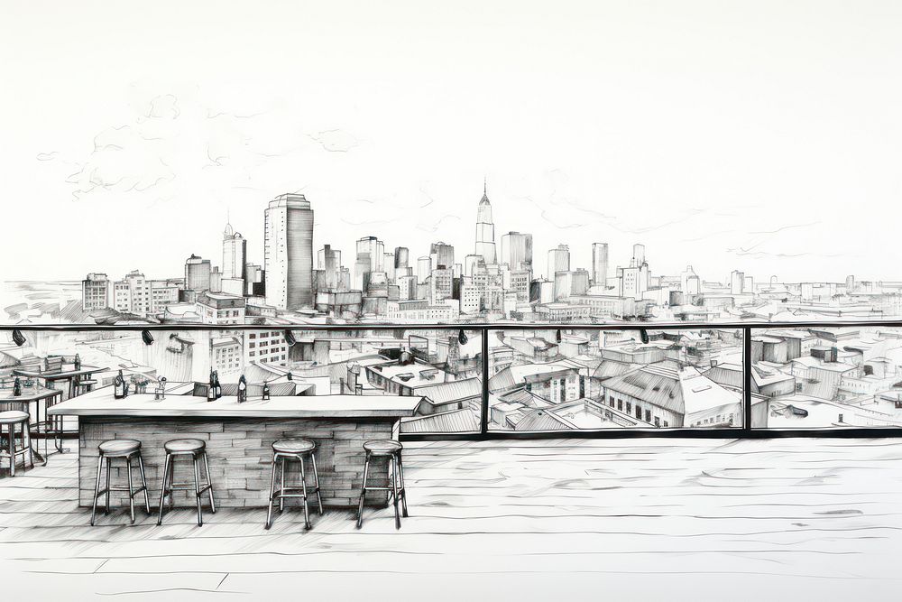 Rooftop bar sketch city drawing. AI generated Image by rawpixel.