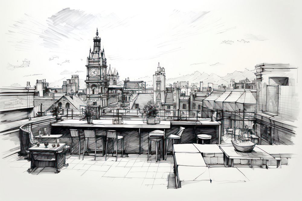 Rooftop bar sketch drawing city. AI generated Image by rawpixel.