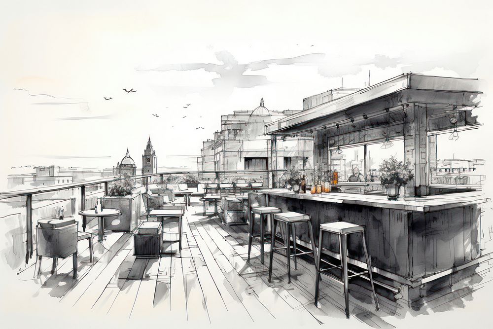 Rooftop bar sketch restaurant furniture. AI generated Image by rawpixel.
