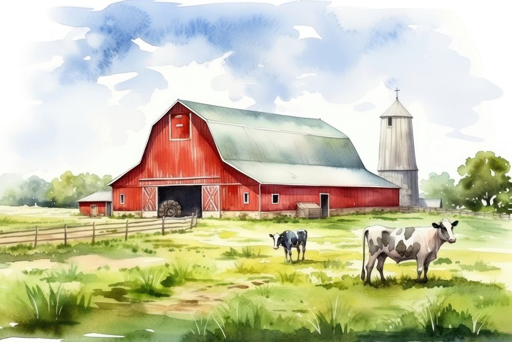 Red barn cow architecture livestock. AI generated Image by rawpixel.
