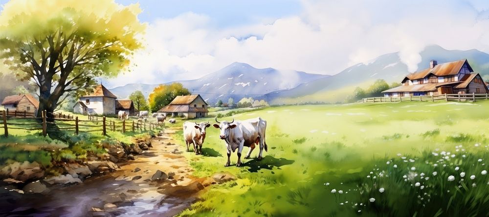 Spring farm cow landscape grassland. AI generated Image by rawpixel.