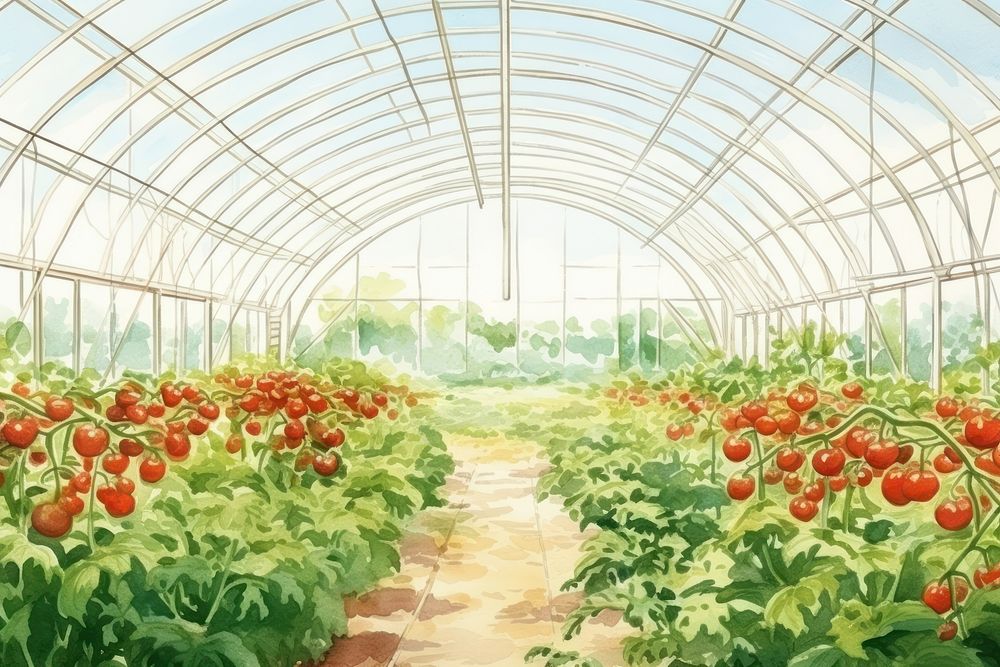 Tomato field inside greenhouse gardening outdoors nature. 