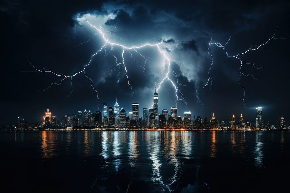 Lightning city thunderstorm architecture. AI generated Image by rawpixel.